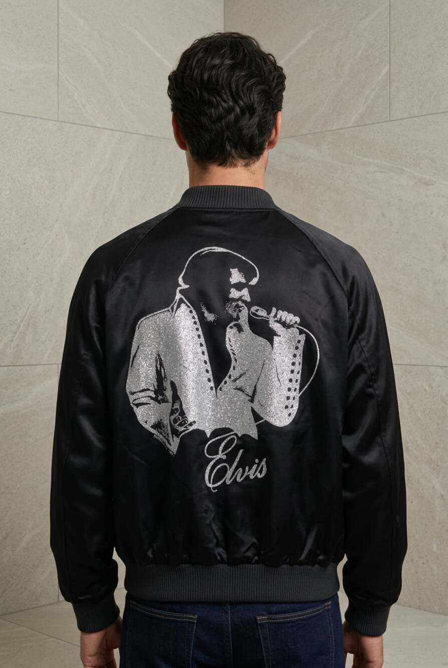 Vintage 1980s Diamond Dust Elvis Presley Acetate Satin Bomber Jacket